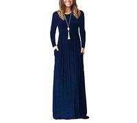 AUSELILY Women's Casual Long Sleeve Maxi Dress Loose Long Dresses with Pockets Navy Blue L