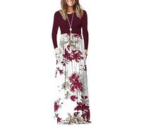 AUSELILY Women's Casual Long Sleeve Maxi Dress Loose Long Dresses with Pockets Red Flower White M