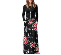 AUSELILY Women's Casual Long Sleeve Maxi Dress Loose Long Dresses with Pockets Rose Black M