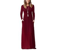 AUSELILY Women's Casual Long Sleeve Maxi Dress Loose Long Dresses with Pockets Wine Red XL