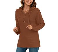 AUSELILY Womens Drawstring Henley Hoodie Textured Long Sleeve Button Pullover Caramel S