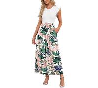 AUSELILY Women's Elegant Ruffle Petal Short Sleeve Loose Maxi Dresses Summer Floral Dress for Beach Stretchy Dresses with Pockets Pink Green,M