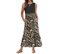 AUSELILY Women's Leopard Black Sleeveless Maxi Dress with Pockets & Tiered Skirt