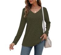 AUSELILY Womens Lightweight Jumpers Sweatshirts Casual Solid Color Pullover Sweaters V Neck Long Sleeve Tops for Women Gifts Army Green