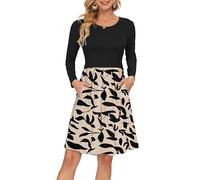 AUSELILY Women's Long Sleeve Pleated Loose Swing Casual Dress with Pockets Knee Length Apricot Black Leaves XXL