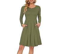 AUSELILY Women's Long Sleeve Pleated Loose Swing Casual Dress with Pockets Knee Length Army Green M