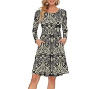 AUSELILY Women's Long Sleeve Pleated Loose Swing Casual Dress with Pockets Knee Length Boho Floral Black XL