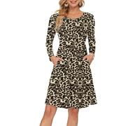 AUSELILY Women's Long Sleeve Pleated Loose Swing Casual Dress with Pockets Knee Length Brown Leopard All M