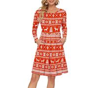AUSELILY Women's Long Sleeve Pleated Loose Swing Casual Dress with Pockets Knee Length Christmas Deer M