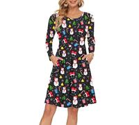 AUSELILY Women's Long Sleeve Pleated Loose Swing Casual Dress with Pockets Knee Length Christmas Elements XXL