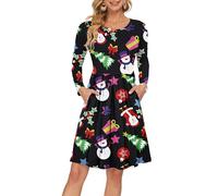 AUSELILY Women's Long Sleeve Pleated Loose Swing Casual Dress with Pockets Knee Length Christmas Snowman S