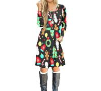 AUSELILY Women's Long Sleeve Pleated Loose Swing Casual Dress with Pockets Knee Length Christmas Tree Gloves XXL