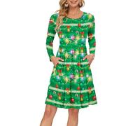 AUSELILY Women's Long Sleeve Pleated Loose Swing Casual Dress with Pockets Knee Length Christmas Tree Lights M