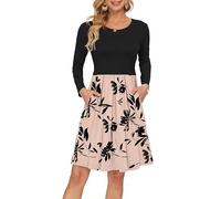 AUSELILY Women's Long Sleeve Pleated Loose Swing Casual Dress with Pockets Knee Length Floral Brown Join Black S