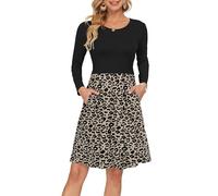 AUSELILY Women's Long Sleeve Pleated Loose Swing Casual Dress with Pockets Knee Length Leopard Join Black L