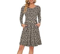 AUSELILY Women's Long Sleeve Pleated Loose Swing Casual Dress with Pockets Knee Length Leopard M