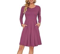AUSELILY Women's Long Sleeve Pleated Loose Swing Casual Dress with Pockets Knee Length Mauve XXL