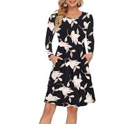 AUSELILY Women's Long Sleeve Pleated Loose Swing Casual Dress with Pockets Knee Length Morning Glory S