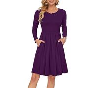 AUSELILY Women's Long Sleeve Pleated Loose Swing Casual Dress with Pockets Knee Length Purple M