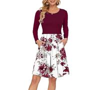 AUSELILY Women's Long Sleeve Pleated Loose Swing Casual Dress with Pockets Knee Length Red Flower White L