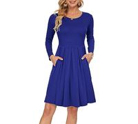 AUSELILY Women's Long Sleeve Pleated Loose Swing Casual Dress with Pockets Knee Length Royal Blue XL