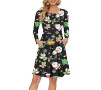AUSELILY Women's Long Sleeve Pleated Loose Swing Casual Dress with Pockets Knee Length Santa Claus and Angel L