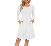 AUSELILY Women's Long Sleeve Pleated Loose Swing Casual Dress with Pockets Knee Length White L