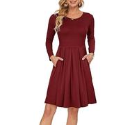 AUSELILY Women's Long Sleeve Pleated Loose Swing Casual Dress with Pockets Knee Length Wine Red XL
