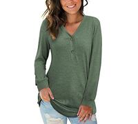 AUSELILY Women's Long Sleeve Tops V-Neck Jumpers Causal Button Down Sweatshirts Loose Henley T Shirt Blouse(Army Green,XL)
