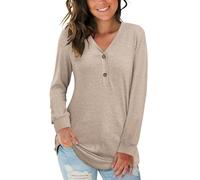 AUSELILY Women's Long Sleeve Tops V-Neck Jumpers Causal Button Down Sweatshirts Loose Henley T Shirt Blouse(Khaki,L)
