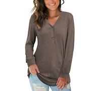 AUSELILY Women's Long Sleeve Tops V-Neck Jumpers Causal Button Down Sweatshirts Loose Henley T Shirt Blouse(Coffee,2XL)