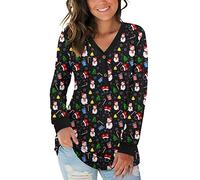 AUSELILY Women's Long Sleeve Tops V-Neck Jumpers Causal Button Down Sweatshirts Loose Henley T Shirt Blouse(Christmas elements,2XL)