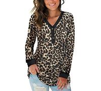 AUSELILY Women's Long Sleeve Tops V-Neck Jumpers Causal Button Down Sweatshirts Loose Henley T Shirt Blouse(Spotted Leopard,XL)