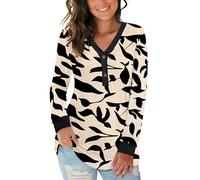AUSELILY Women's Long Sleeve Tops V-Neck Jumpers Causal Button Down Sweatshirts Loose Henley T Shirt Blouse Apricot Black Leaf XL