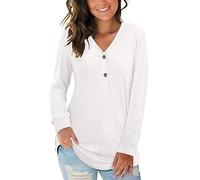 AUSELILY Women's Long Sleeve Tops V-Neck Jumpers Causal Button Down Sweatshirts Loose Henley T Shirt Blouse(White,2XL)