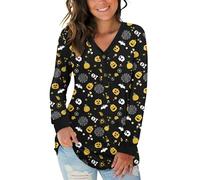 AUSELILY Women's Long Sleeve Tops V-Neck Jumpers Causal Button Down Sweatshirts Loose Henley T Shirt Blouse(Halloween elements,M)