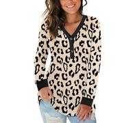 AUSELILY Women's Long Sleeve Tops V-Neck Jumpers Causal Button Down Sweatshirts Loose Henley T Shirt Blouse Beige Leopard Print 2XL