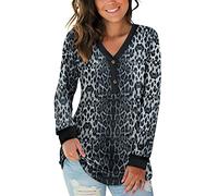 AUSELILY Women's Long Sleeve Tops V-Neck Jumpers Causal Button Down Sweatshirts Loose Henley T Shirt Blouse(Snow Leopard Print,2XL)