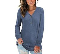 AUSELILY Women's Long Sleeve Tops V-Neck Jumpers Causal Button Down Sweatshirts Loose Henley T Shirt Blouse(Navy Blue,S)