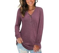 AUSELILY Women's Long Sleeve Tops V-Neck Jumpers Causal Button Down Sweatshirts Loose Henley T Shirt Blouse(Mauve,L)