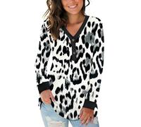 AUSELILY Women's Long Sleeve Tops V-Neck Jumpers Causal Button Down Sweatshirts Loose Henley T Shirt Blouse Grey Leopard XL