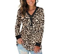 AUSELILY Women's Long Sleeve Tops V-Neck Jumpers Causal Button Down Sweatshirts Loose Henley T Shirt Blouse(Brown Spotted Leopard,S)