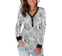 AUSELILY Women's Long Sleeve Tops V-Neck Jumpers Causal Button Down Sweatshirts Loose Henley T Shirt Blouse Zebra Stripes M
