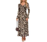 AUSELILY Women's Maxi Dress Bodycon Elegant Petal Long Sleeve V Neck A-Line | Lightweight Slim Casual Thin Long Sundress for Beach Cocktail Party Wedding Guest Ceremony Events Boho Flower Leopard