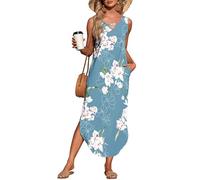 AUSELILY Womens Maxi Dress Halter Sleeveless Beach Sun Coverup Tank Holiday Split Dress with Pockets Floral Light Blue L