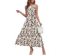 AUSELILY Women's Maxi Dresses Halter Neck Summer Dress Sleeveless Off Shoulder Long Dress with Belt and Pockets Apricot Black Leaf 2XL