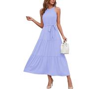 AUSELILY Women's Maxi Dresses Halter Neck Summer Dress Sleeveless Off Shoulder Long Dress with Belt and Pockets Haze Blue M
