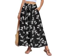 AUSELILY Women's Maxi Skirts with Pockets High Waisted Elastic Casual Long Skirt Bow Tie Decoration Summer Boho Beach Outfits Silver Twig Flower XL