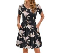 AUSELILY Women's Short Sleeve Summer Dress Swing Beach Dress Casual Knee Length Sundress with Pockets Morning Glory M