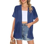 AUSELILY Women's Summer Cardigan Beach Short Sleeve Lightweight Breathable Cover Up Soft Open Front Cardigans Navy Blue M